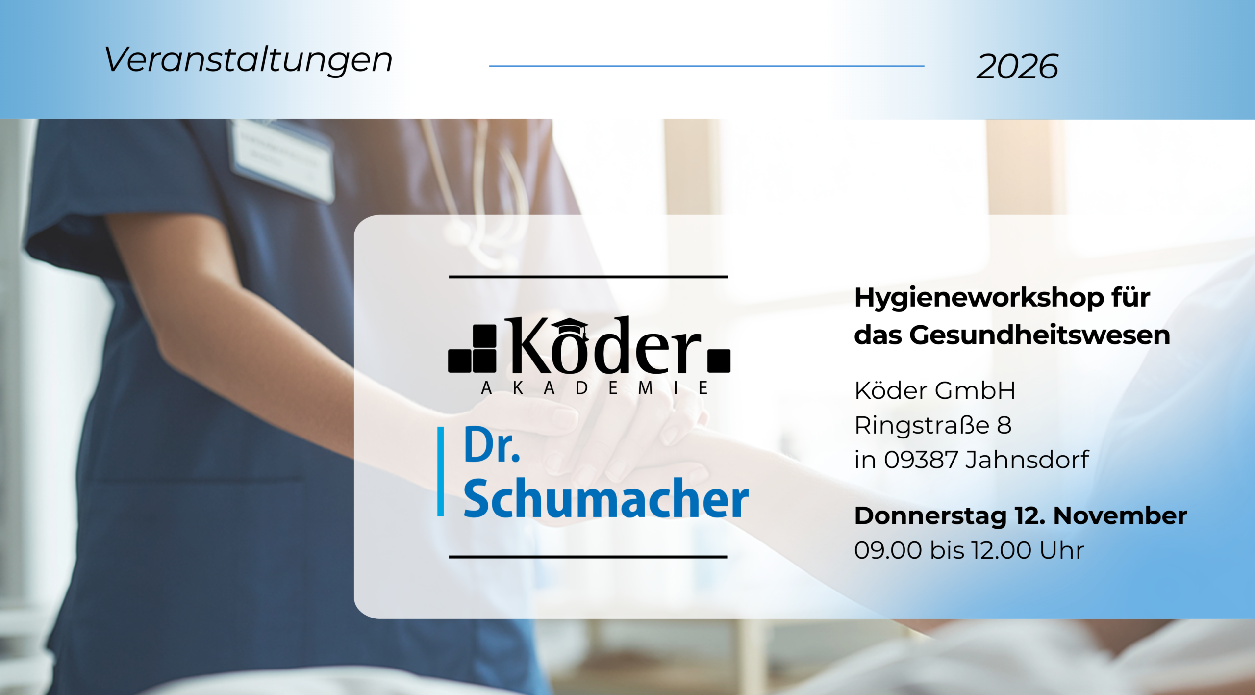 Ankündigung für den Hygieneworkshop für Kitas am Donnerstag, 12. November 2026 von 13:00 bis 15:00 Uhr bei der Köder GmbH in Jahnsdorf. Veranstaltet von der Köder Akademie und Dr. Schumacher. Mit QR-Code zur kostenlosen Online-Anmeldung.